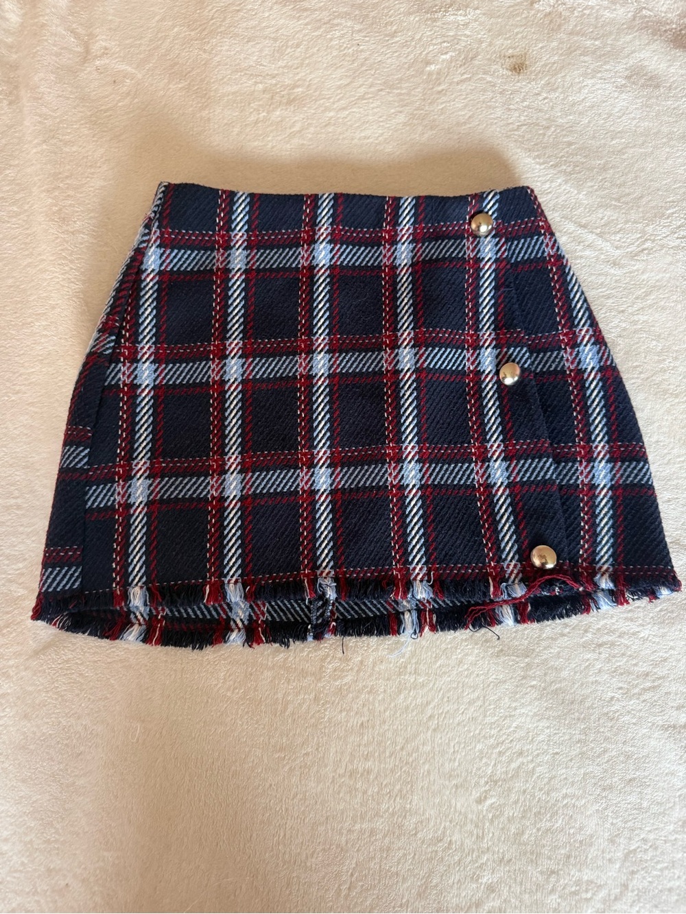 Forever 21 Navy, Red & White Plaid Mini Skirt with Button Accents